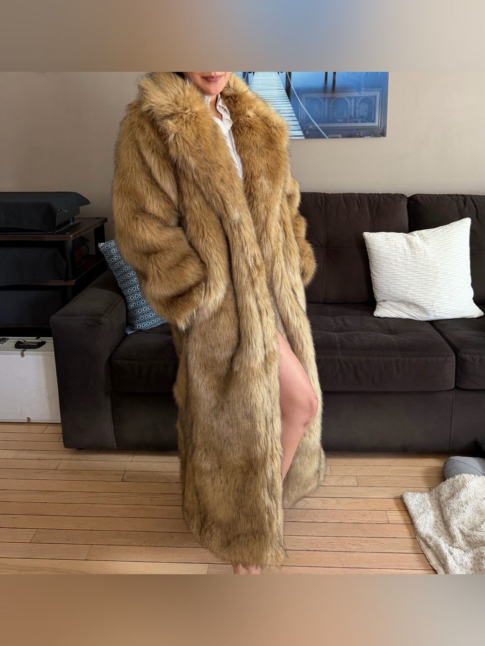ZARA Luxurious Long Faux Fur Coat light-med brown